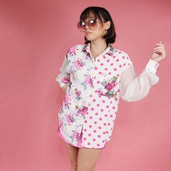 Vintage 80's Erica Simmone Sheer Sleeves Pink and White Button Down - Picture 4 of 7